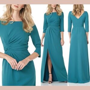 NWT $298 Kay Unger [ 8 ] 3/4 Sleeve Boat Neck Side
Slit Gown in Dark Aqua
#J1672